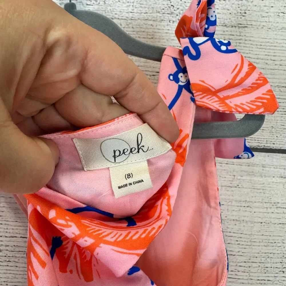 Peek Girl's Pink & Orange Monkey Printed Sleeveless Tiered Summer Dress Size 8